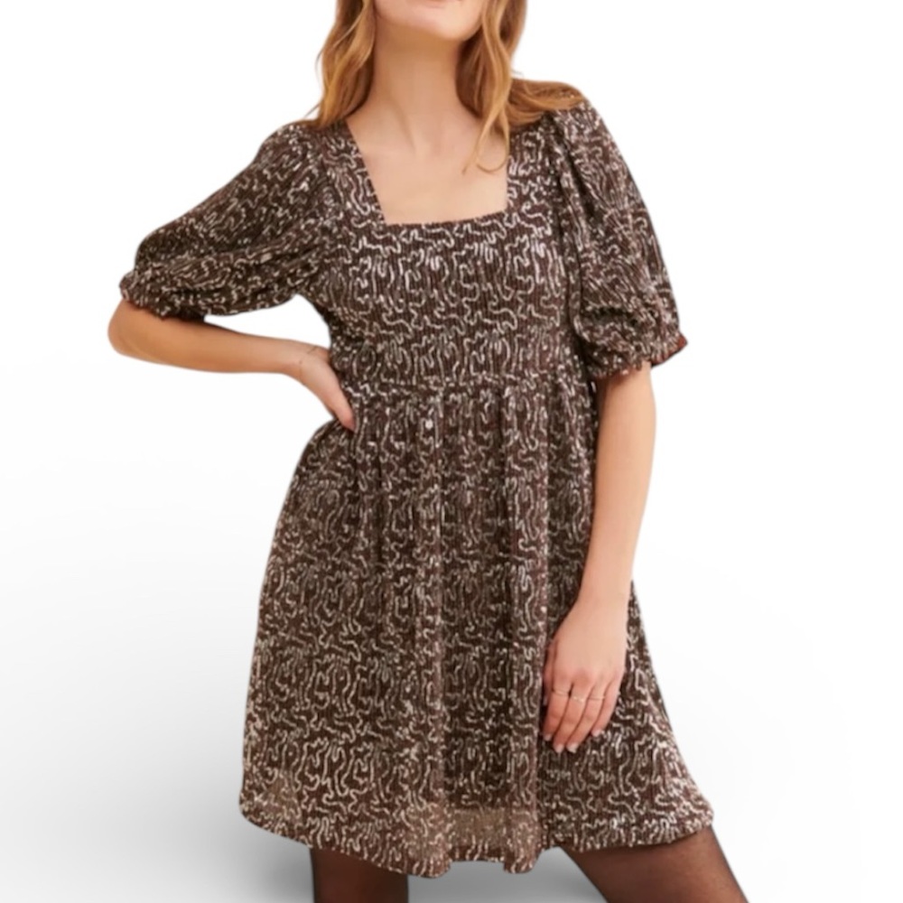 Moon River Brown Sequined Square Neck Puff Sleeve Babydoll Mini Dress NWT XS